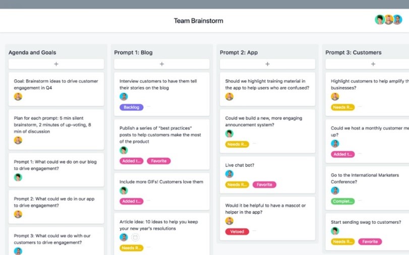 Asana interface displaying a Team Brainstorm session with columns for Agenda and Goals, Blog, App, and Customers