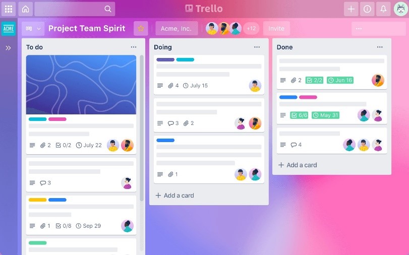 Trello interface showcasing Project Team Spirit with columns for To Do, Doing, and Done
