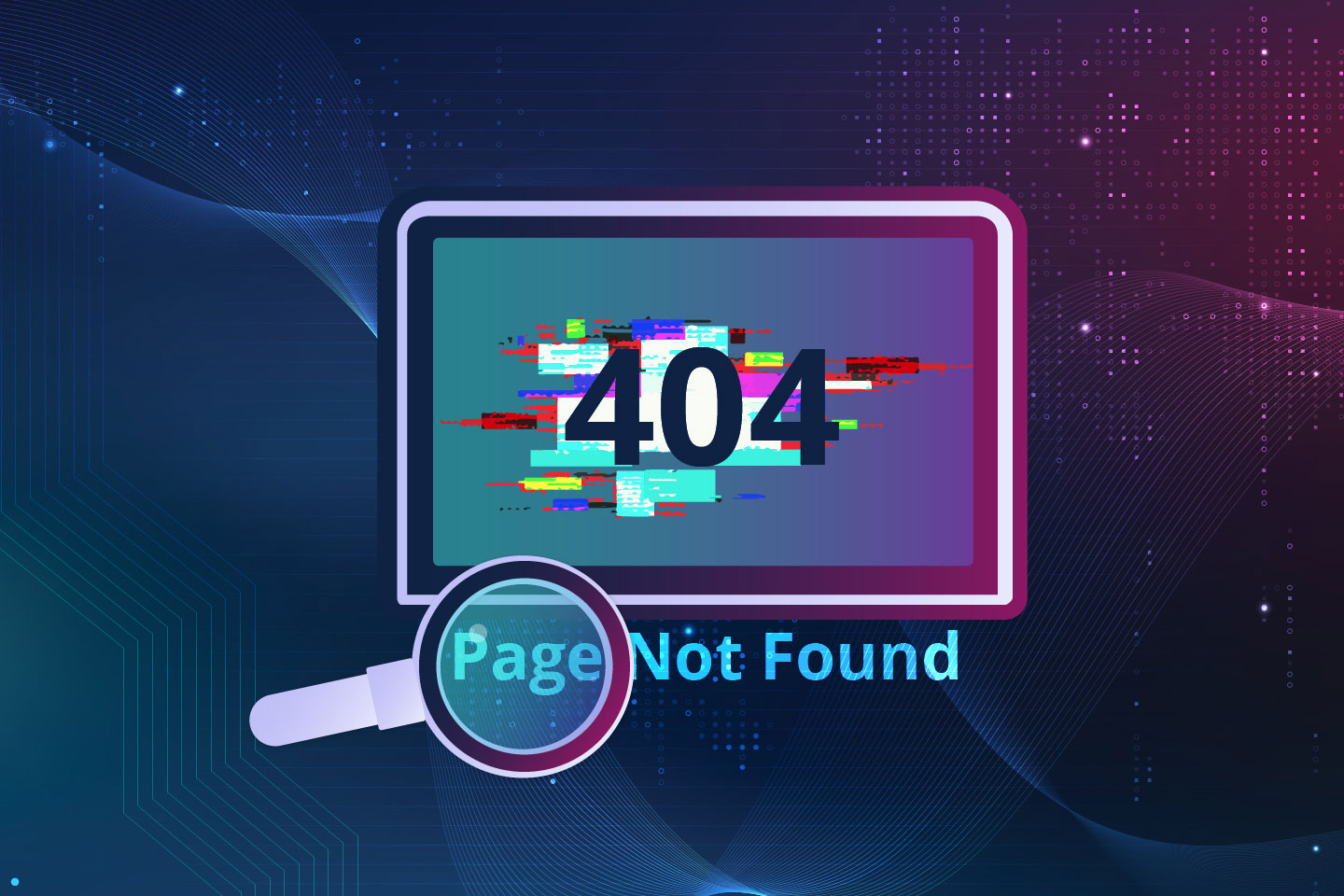Illustration of a 404 website page with a broken light bulb in the background