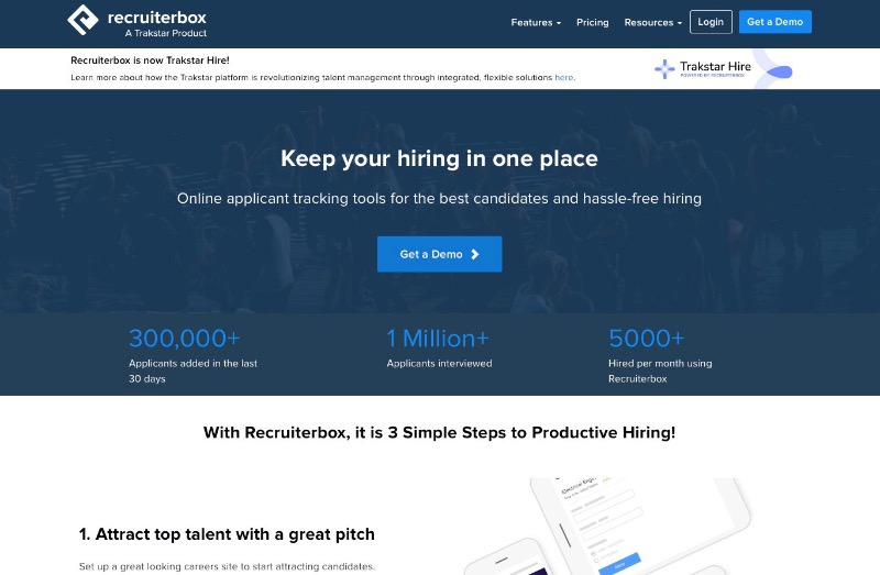 Screenshot of Recruiterbox website homepage