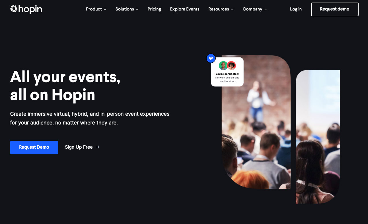 Screenshot of Hopin website homepage