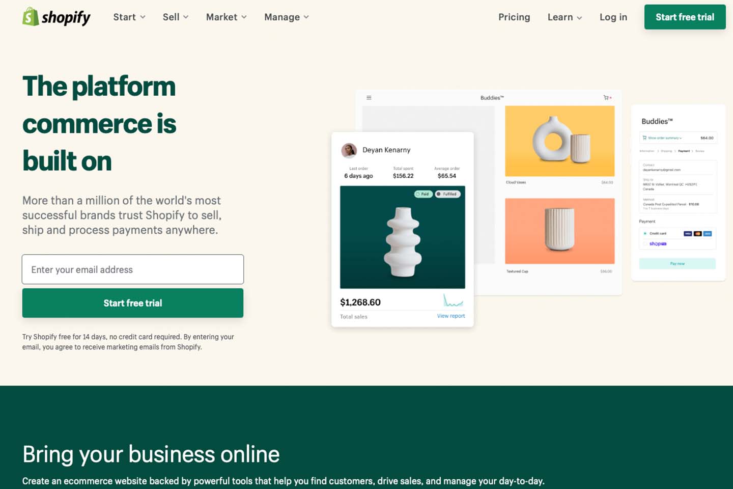 Screenshot of Shopify website homepage