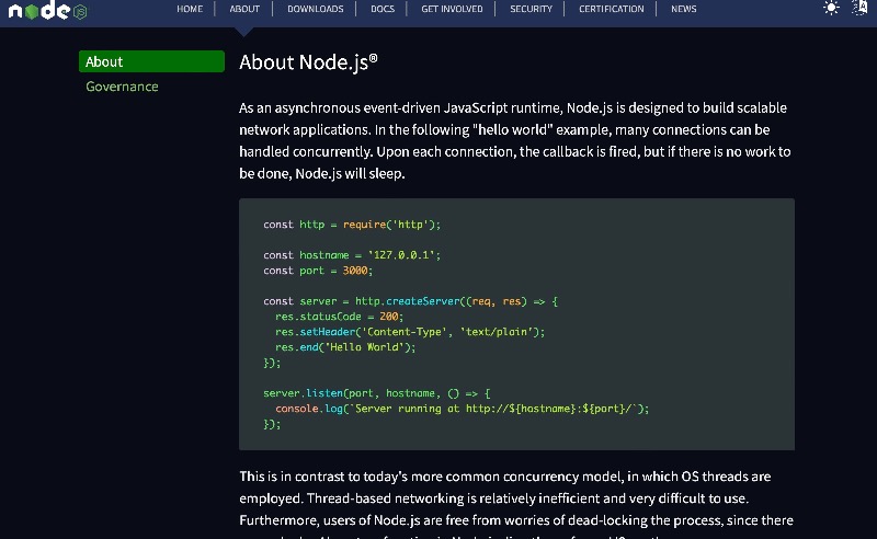 Node.js website screenshot